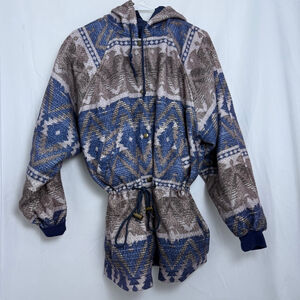 Women's Vintage Casual Club Aztec Cinched‎ Jacket, Size L, Blue and Brown